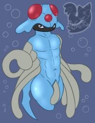 1boy abs animal_genitalia anthro anthrofied black_eyes blue_background blue_skin bubble bubbles crystals genital_slit jellyfish looking_at_viewer male male_only marine multi_arm multi_limb muscular muscular_male navel nintendo no_nipples nude penis pokemon posexe simple_background slit solo tentacles tentacruel text underwater video_games water watermark