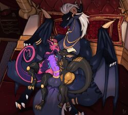 anthro anthro_on_feral bed big_penis black_body blue_tongue breasts countershading cyanotic_epithelium dragon female female/female feral furniture genitals group hi_res holding_penis horn huge_cock jyrova_(infinium_knight) kissing kiz_emberscale_(dat_otter) klank_(spark.kobbo) kobold lying lying_on_another lying_on_bed male male/female mythological_creature mythological_scalie mythology nipple_piercing nipples on_bed orange_body orange_countershading penis piercing pink_body prosthetic prosthetic_arm prosthetic_leg prosthetic_limb purple_body purple_countershading pussy red_eyes scalie size_difference smaller_female tail tongue trio vulva yanne zoophilia