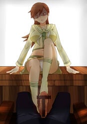 bar_censor bondage breasts brown_hair censored desk female footjob groin kantai_collection large_breasts large_penis midriff minakami navel on_desk ooi_(kantai_collection) panties pantyshot penis school_uniform serafuku shadowed sitting sitting_on_desk thighs underwear white_legwear