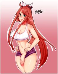 1futa ahoge animal_ears blush breasts cleavage cropped_legs futa_only futanari goat_ears gradient gradient_background green_eyes horns intersex large_breasts long_hair looking_at_viewer navel open_fly original penis red_hair short_shorts shorts smile solo sucaciic tank_top very_long_hair