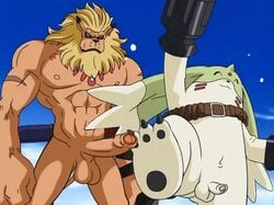 abs anthro balls biceps big_penis blonde_hair digimon duo edit erection feline gargomon hair leomon lion male male_only mammal mane muscular navel nipples pecs penis renachos screencap small_penis weapon