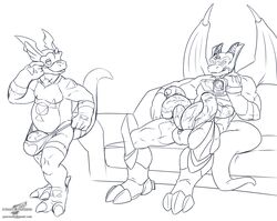 2boys anthro balls bulge camera clothing digimon foreskin guilmon horn kraken_d'waggin kraken_dwaggin male male_only multi_genitalia multi_penis muscular muscular_male penis prehensile_penis scalie sitting sofa tetraphallia thick_tail thong uncircumcised wings wolfblade