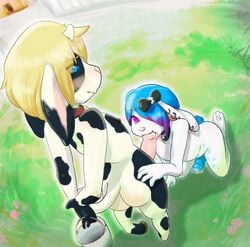 2016 anthro ass blonde_hair blue_eyes blue_hair blush bovine bucket cainethelongshot cattle duo ear_piercing erection farm fellatio fur furry grass horn humanoid_penis icey_snowpaw kneeling lagomorph licking lucy_(lacklustercom) male mammal markings nipping_lip nude oral outdoors penis piercing precum public rabbit sex shy smile spots spotted_fur standing tongue tongue_out white_fur yaoi