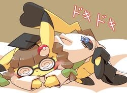 bed_sheet bedding blush clothed clothing cosplay_pikachu crepix female lying nintendo no_humans on_front pikachu pikachu_ph._d pokémon_(species) pokemon pussy pussy_juice solo video_games