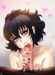 bags_under_eyes black_eyes black_hair black_lagoon black_nails cum cum_in_mouth ear_piercing eyelashes eyeshadow fellatio female heart highres hmage makeup nail_polish nude oral penis piercing pov pov_eye_contact sawyer_the_cleaner scar simple_background solo_focus watermark