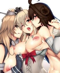 3girls ahoge areolae blonde_hair blue_eyes blush breast_grab breast_hold breasts breasts_out brown_hair corset female grey_eyes hand_on_head hat iowa_(kantai_collection) kantai_collection kongou_(kantai_collection) licking_lips long_hair looking_at_viewer multiple_girls nipples one_eye_closed open_mouth p: puffy_nipples ribbon saliva shiny star star-shaped_pupils symbol-shaped_pupils tongue tony_guisado warspite_(kantai_collection) yuri