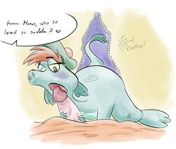 anthro blush brown_hair disney duo erection female green_scales hair hat licking loch_ness_monster male mammal marine nessie nessie_(disney) open_mouth oral penis scales scalie simple_background soulcentinel straight the_ballad_of_nessie tongue tongue_out