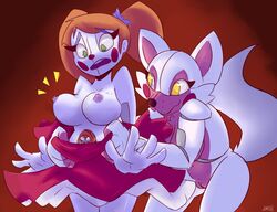 2girls animatronic anthro assisted_exposure baby_(fnafsl) big_breasts bow breasts canine circus_baby circus_baby_(fnaf) clothing comment_fight dress duo female female_only five_nights_at_freddy's five_nights_at_freddy's:_sister_location fox funtime_foxy_(fnaf) funtime_foxy_(fnafsl) hair human jailbait_knight machine makeup mammal multiple_girls nipples open_mouth pussy red_nose robot sister_location surprised tied_hair twintails