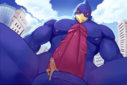 anthro avian canine city erection falco_lombardi fox fox_mccloud looming low_angle macro male male_only mammal nintendo penis sitting size_difference soonico star_fox video_games view