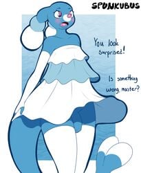 1boy 2016 anthro bare_shoulders black_eyes blue_fur blush brionne dialogue dress english_text eyelashes fangs foreskin furry girly gloves hi_res male nintendo open_mouth penis pink_pupils pokemon pokemon_sm pokemorph seal solo spunkubus standing tail text thighhighs tongue video_games white_background