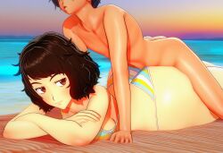 3d 3d_(artwork) 3d_model 3d_render ai_generated assjob beach beach_background beach_sex bubble_butt buttjob buttjoblove covered_assjob covered_buttjob crossed_arms grinding hotdogging huge_ass koikatsu leaning leaning_forward male naked on_stomach penis persona persona_5 prone prone_position sadayo_kawakami sand small_penis straddling sunset