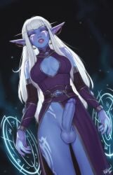 amelette balls blizzard_entertainment blue_skin body_markings breasts breasts_apart casting_spell cleavage_cutout clothing_cutout colored_skin commentary detached_sleeves dress earrings elf english_commentary erection female futanari highres intersex jewelry long_hair looking_at_viewer medium_breasts nightborne original parted_lips penis personalami pointy_ears purple_dress purple_sleeves sleeveless sleeveless_dress solo testicles uncensored warcraft white_eyes white_hair world_of_warcraft