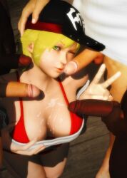 3d alice_garnet_nakata blonde_hair bodily_fluids breast_grab breasts cap exposed_shoulders fatal_fury female gangbang genital_fluids green_eyes groping group group_sex head_grab high_resolution king_of_fighters king_of_fighters_xiv large_breasts looking_at_viewer male multiple_penises one_eye_closed penis pose semen semen_in_mouth semen_on_body semen_on_breasts semen_on_chest semen_on_upper_body sex short_hair snk wink