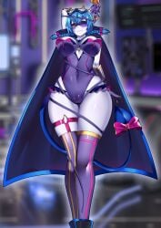 1girl 1girls abiboge absurdres big_breasts blue_hair braid braided_twintails breasts breedable_hips cameltoe cape colored_sclera colored_skin curvy curvy_figure domino_mask eye_mask female gloves goggles goggles_on_head grey_sclera grey_skin highres large_breasts leotard mask massive_breasts purple_leotard pussy see-through_clothes socks_agency standing thick_thighs thighhighs thighs twin_braids vagina virtual_youtuber vtuber whip wide_hips yellow_eyes yomi_quinnley