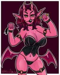 biting_lip biting_object black_lipstick breasts demon demon_girl demon_horns demon_wings dominant dominant_female domination dominatrix dominatrix_outfit earrings fangs female g_string hip_wings jewelry large_breasts leather leather_clothing leather_straps lingerie pink_body pink_hair pinup pointy_ears sharp_teeth teeth whip wings wings_on_hips yellow_eyes