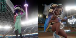 2girls 3d 3d_(artwork) acht_(splatoon) baseball baseball_bat baseball_stadium big_breasts biting_lip blender blender_(software) breasts chains dark-skinned_female dark_skin dedf1sh female female_focus genitals green_body hat looking_at_viewer major_league_baseball marina_(splatoon) mlb naked naked_female naked_footwear nintendo no_bra no_panties nude nude_female posing shades shoes_only smile splatoon splatoon_(series) stadium sunglasses tealgerudo tinted_eyewear tower