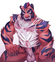 1boy abs anthro balls catsudon clothing erection erection_under_clothes feline front_view humanoid_penis looking_at_viewer male male_only mammal muscular naughty_face nipples partially_retracted_foreskin pecs penis pinup pose pubes shirt signature sitting smile smirk solo spread_legs spreading tank_top tiger uncut wet_shirt