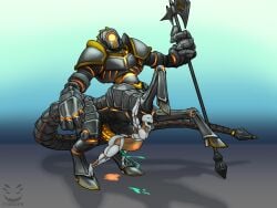anal anal_sex animal_genitalia armor big_dom_small_sub big_hands bodily_fluids colored_cum corinoch_(artist) cum cum_pool cum_while_penetrated cyclops dominant dungeons_and_dragons duo ejaculation genital_fluids genitals glowing glowing_belly glowing_cum glowing_eyes glowing_genitalia glowing_markings glowing_penis glowing_precum gold_penis green_cum halberd hands-free hasbro hi_res hooves humanoid iron_golem living_machine long_penis long_tail mace_tail machine male male/male markings melee_weapon metallic_body on_hind_legs orange_cum penetration penis polearm robot robot_taur size_difference stomach_bulge tail taur tongue tongue_out unusual_bodily_fluids unusual_cum unusual_genital_fluids warforged weapon weapon_tail wizards_of_the_coast wooden_body