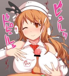 1boy bar_censor bare_shoulders blush breast_squeeze breasts brown_eyes brown_hair censored cum detached_sleeves ejaculation female frown grey_background hair_ornament hakuhou_(ende_der_welt) hat kantai_collection large_breasts littorio_(kantai_collection) long_hair necktie paizuri paizuri_over_clothes penis ponytail side_ponytail simple_background solo_focus speed_lines straight tied_hair wince