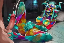 1boy 1girls ai_generated balls braids breasts claws crown cum dani_(paigen) ejaculation fangs feet_on_balls female fingering fingering_self fingers_in_pussy footjob glass glass_girl glass_monster glass_skin horn horns horror horror_(theme) large_breasts looking_at_partner male monster_girl multicolored_body multicolored_hair original original_character paigen penis pointy_ears pussy sharp_nails sharp_teeth sharp_toenails short_hair stained_glass stained_glass_monster static_eyes
