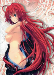 absurdres ahoge ass back blue_eyes breasts female high_school_dxd japanese_clothes kimono large_breasts long_hair miyama-zero nipples no_bra no_panties official_art red_hair rias_gremory scan sideboob smile solo standing very_long_hair yukata