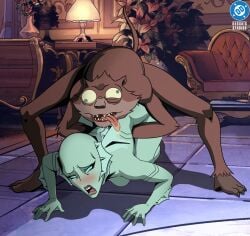 1girls accurate_art_style bedroom bending_forward bending_over bent_over big_ass blush bubble_butt creature_commandos curvy dc dc_comics dcu doggy_style dugg_dig female fish_girl fucked_silly gills green_skin holding implied_sex interspecies nina_mazursky nude nude_female on_floor on_knees pinup scales tongue_out weasel_(dc)