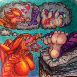 2girls aeveirra anthro dragon drooling feet female foot_fetish foot_worship red_dragon saliva scalie soles