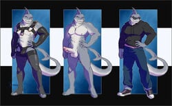 1boy abs anthro balls bulge clothed clothing erection eyewear fish full-length_portrait full_length humanoid_penis looking_at_viewer male male_only marine multiple_images muscular nipples nlr_domain nude penis portrait rubber shark skimpy smile solo standing sunglasses