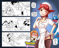 ass_grab blush breasts brendan_(pokemon) brown_eyes clothed_sex comic cowgirl_position dark_gargo ditto doggy_style eeveelution emerald_(pokemon) espeon ethan_(pokemon) female green_(pokemon) happy_sex hat heart human human_only humanized kris_(pokemon) latias latias_(pokemon_adventures) latios leaf_(pokemon) long_hair male mantine may_(pokemon) mr._mime multiple_boys multiple_girls nintendo nurse_uniform open_mouth outdoors partially_colored pokemon pokemon_(manga) pokemon_(species) pokemon_adventures pokemon_gsc pokemon_rgby pokemon_rse raicosama red_(pokemon) red_hair ruby_(pokemon) sapphire_birch_(pokemon) sex snorlax speech_bubble straight sudowoodo text tongue_out