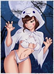 bra costume d.va female ghost ghost_girl halloween halloween_costume hooded_cloak hoodie looking_at_viewer moon nails nails_painted overwatch overwatch_2 panties spooning tree trees