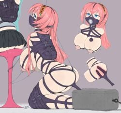 2girls absurdres ameng ameng_(katena1990) anal anal_object_insertion arms_behind_back blue_eyes bondage bound breasts clothes_gag dildo female female_only femsub gag gag_harness gagged hatsune_miku highres immobilization improvised_gag large_breasts legbinder long_hair megurine_luka multiple_females multiple_girls nipple_piercing nipples object_insertion panties panty_gag piercing pink_hair pussy restrained reverse_prayer sex_toy tongue tongue_out underwear vaginal_object_insertion vaginal_penetration vocaloid
