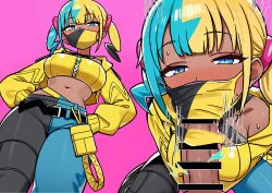 1boy 1girls absurdres bandeau belt black_belt blue_eyes blush canari_(pokemon) canary_(pokemon) commentary_request eyelashes fellatio fellatio_under_mask female game_freak hair half-closed_eyes highres jacket long_sleeves male mask mouth_mask multicolored_clothing multicolored_hair multicolored_mask multicolored_pants multiple_views navel nintendo open_clothes open_jacket oral pants pikumin64 pink_background pokemon pokemon_legends:_z-a short_twintails straight textless textless_version twintails two-tone_hair two-tone_mask two-tone_pants yellow_bandeau yellow_jacket zipper zipper_pull_tab