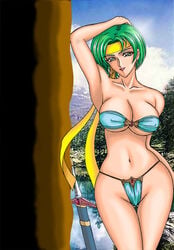 1girls alternate_breast_size big_breasts bikini breasts female green_eyes green_hair headband koutenki-en krisheenu_(tear_ring_saga) large_breasts silegy solo solo_focus sword tear_ring_saga tear_ring_saga:_utna_heroes_saga weapon