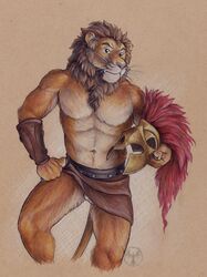 1boy :< anthro armor athletic balls barely_visible_genitalia bracers clothing feline front_view helmet hi_res holding_object lion looking_at_viewer male male_only mammal mane navel neverwolf pecs pencil_(artwork) simple_background skirt solo standing step_pose traditional_media_(artwork) warrior whiskers