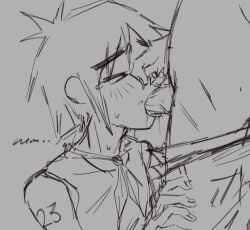 2d_(gorillaz) 2d_(plastic_beach) blowjob blowjob_gesture blowjob_only blush blushing_male face_closeup gay gay_blowjob gay_sex gorillaz male male/male male_focus male_only murdoc_niccals murdoc_niccals_(plastic_beach) non-binary penis penis_in_mouth skinny sucking_penis tears tears_in_eyes titan_gianttan