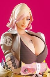 between_breasts big_breasts female female_only fortnite giantess micro_between_breasts micro_in_cleavage micro_on_macro penny_(fortnite) ramirez_(fortnite) shrink smaller_female tiny_female