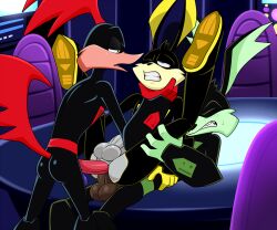 ace_bunny anal anal_sex anthro anus ass avian balls beak bird canid canine canis clenched_teeth closed_eyes coyote cuculiform digital_media_(artwork) double_anal double_penetration erection feathers fur genitals group group_sex half-closed_eyes hand_on_neck hi_res lagomorph leporid lonbluewolf loonatics_unleashed looney_tunes lying male male/male male_penetrated male_penetrating male_penetrating_male mammal narrowed_eyes new_world_ground_cuckoo on_back one_eye_closed open_beak open_mouth penetration penile penis rabbit rev_runner roadrunner sex spread_legs spreading tail tail_feathers tech_e._coyote teeth threesome trio warner_brothers