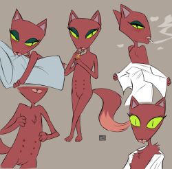 6_nipples anthro bedroom_eyes bite blush blush_lines cartoon_network chest_tuft cigarette cigarette_in_mouth clothed clothing courage_the_cowardly_dog dipstick_tail domestic_cat fangs felid feline felis female fire fluffy fluffy_tail fur genitals green_sclera hi_res hug hugging_object hugging_pillow kitty_(courage_the_cowardly_dog) lighter mammal markings multi_nipple narrowed_eyes nipples object_in_mouth partially_clothed pillow pillow_bite pussy red_body red_fur robe robe_only seductive smoke smoking solo spec_almond_(artist) tail tail_markings teeth tuft vulva white_clothing wide_eyed