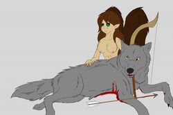 2016 big_breasts black_nose blood breasts brown_hair canine death female fur gore green_eyes grey_fur hair humanoid hunting mammal nipples nude simple_background smile weapon wings wolf yellow_eyes