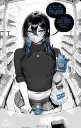 1boy ai_assisted ai_generated bag big_thighs black_hair blue_eyes blue_hair blush bulge buying_condoms cock condom_box convenience_store crop_top dick english english_text femboy feminine feminine_male feminization girly hair_between_eyes holding holding_condom indoors large_thighs light-skinned_male long_hair looking_at_viewer male male_focus male_only mask monochrome mouth_mask mrsadbat navel otoko_no_ko penis pleated_skirt pov shirt shop shopping sissification sissy skirt small_bulge solo speech_bubble spot_color text text_bubble trap