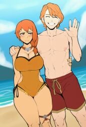 ai_generated beach big_breasts breasts embarrassed female ferdinand_von_aegir fire_emblem fire_emblem:_three_houses hugging_partner leonie_pinelli novelai orange_hair smile swimsuit wave