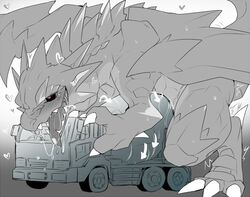 blush clawlion dragon feral gradient_background heart male male_only nude open_mouth saliva saliva_string scalie simple_background solo spot_color sweat tongue tongue_out truck vehicle