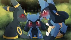 16:9 ambiguous_gender ambiguous_only anthro blush bodily_fluids cute_fangs dagasi detailed_background eeveelution feral furry group hi_res lucario nintendo open_mouth outside pokemon pokemon_(species) portal portal_ring red_eyes riolu stuck stuck_in_ground sweat tears umbreon video_games widescreen