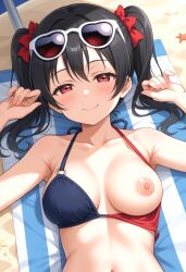 1girls ai_generated beach bikini bikini_top black_hair blush bows bra_down breasts female female_only hairbow half-closed_eyes laying_on_towel love_live! medium_breasts one_breast_out one_nipple_out red_bows red_eyes smile solo_female sunglasses sunglasses_on_head twintails yazawa_nico