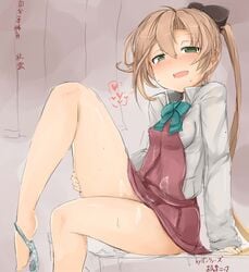 akigumo_(kantai_collection) barefoot blush bow breasts brown_hair covered_nipples cum cum_on_clothes earrings female green_eyes hairbow heart heart_earrings highres jewelry kantai_collection okiraku_nikku panties ponytail ring small_breasts tied_hair underwear