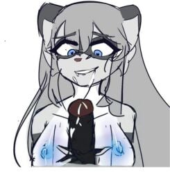 anthro areolae boobjob breasts edit elizabethjirule emma_(piggy) female female_focus grey_fur grey_hair heart-shaped_pupils nude piggy_(game) raccoon roblox roblox_game saliva source_request white_fur zack_(piggy) zebra