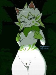 animated anthro breast_grab breasts cel_shading clitoris detailed_background digital_media_(artwork) felid feline female fur genitals green_background green_body green_eyes green_fur green_nipples green_tuft hand_on_breast heart_pupils hi_res inner_ear_fluff loop mammal markings medium_breasts multicolored_body multicolored_fur neck_tuft nipples nude nude_anthro nude_female one_fang pixel_(artwork) pixel_animation plant pussy shaded simple_background smile snout solo solo_focus standing tuft white_body white_fur ze'lya_(linkzzz) zeykidraws