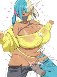 1girls 1other ambiguous_gender bandeau blue_eyes blush breasts canari_(pokemon) canary_(pokemon) citizen_k citizen_k_(pngj5475) cleavage criss-cross_halter ejaculation female female_ejaculation female_orgasm fingering fingering_partner game_freak halterneck large_breasts mask multicolored_clothing multicolored_hair multicolored_mask multicolored_pants navel nintendo orgasm pants pants_down pants_pull pokemon pokemon_legends:_z-a pussy squirting tanline thighs two-tone_hair two-tone_mask two-tone_pants zipper_pull_tab