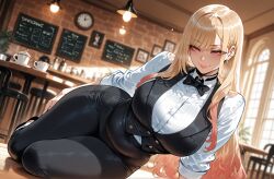 1girls ai_generated arm_support bangs barbell_piercing black_bow black_bowtie black_choker black_pants black_vest blonde_hair blurry_background blush bow bowtie breasts buttons cafe chair choker closed_mouth clothing collared_shirt colored_tips cup curvaceous curvaceous_female curvaceous_figure curvy curvy_figure dress_shirt ear_piercing earrings female female_focus gradient_hair indoors industrial_piercing jewelry kitagawa_marin large_breasts lips long_hair long_sleeves looking_at_viewer lying miyuai multicolored_hair on_side pants piercing red_eyes shirt sitting sleeves_rolled_up smile solo sono_bisque_doll_wa_koi_wo_suru table teacup thighs vest voluptuous voluptuous_female wall_clock white_shirt