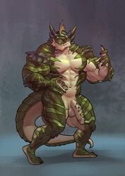 1boy 2016 abs anthro balls barefoot biceps big_muscles big_penis black_skin blazingifrit claws full-length_portrait full_length green_skin horn looking_at_viewer male male_only muscular muscular_male navel nude pecs penis portrait red_eyes reptile scalie solo standing stripes toe_claws toes unktehila vein veiny_penis